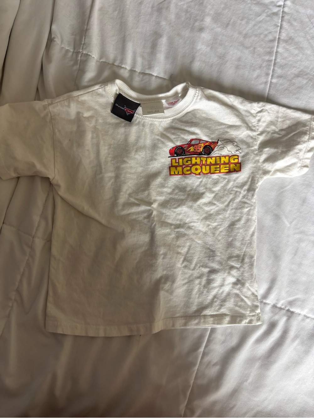 Zara White Kids Tee with Lightning McQueen Graphic